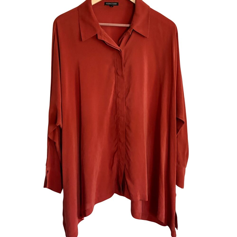 Eileen Fisher Silk Tunic Top M Blouse Shirt Rust Orange Red Capsule Minimalist
